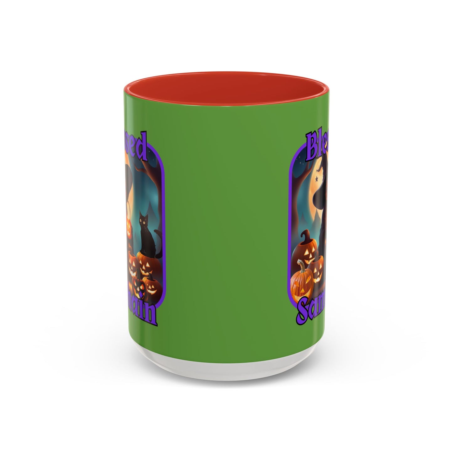 Blessed Samhain Cute Witch Purple font Green Accent Mug by CreepyCrafts.boo