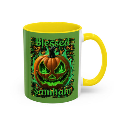 Blessed Samhain Green Jack Green Accent Mug by CreepyCrafts.boo