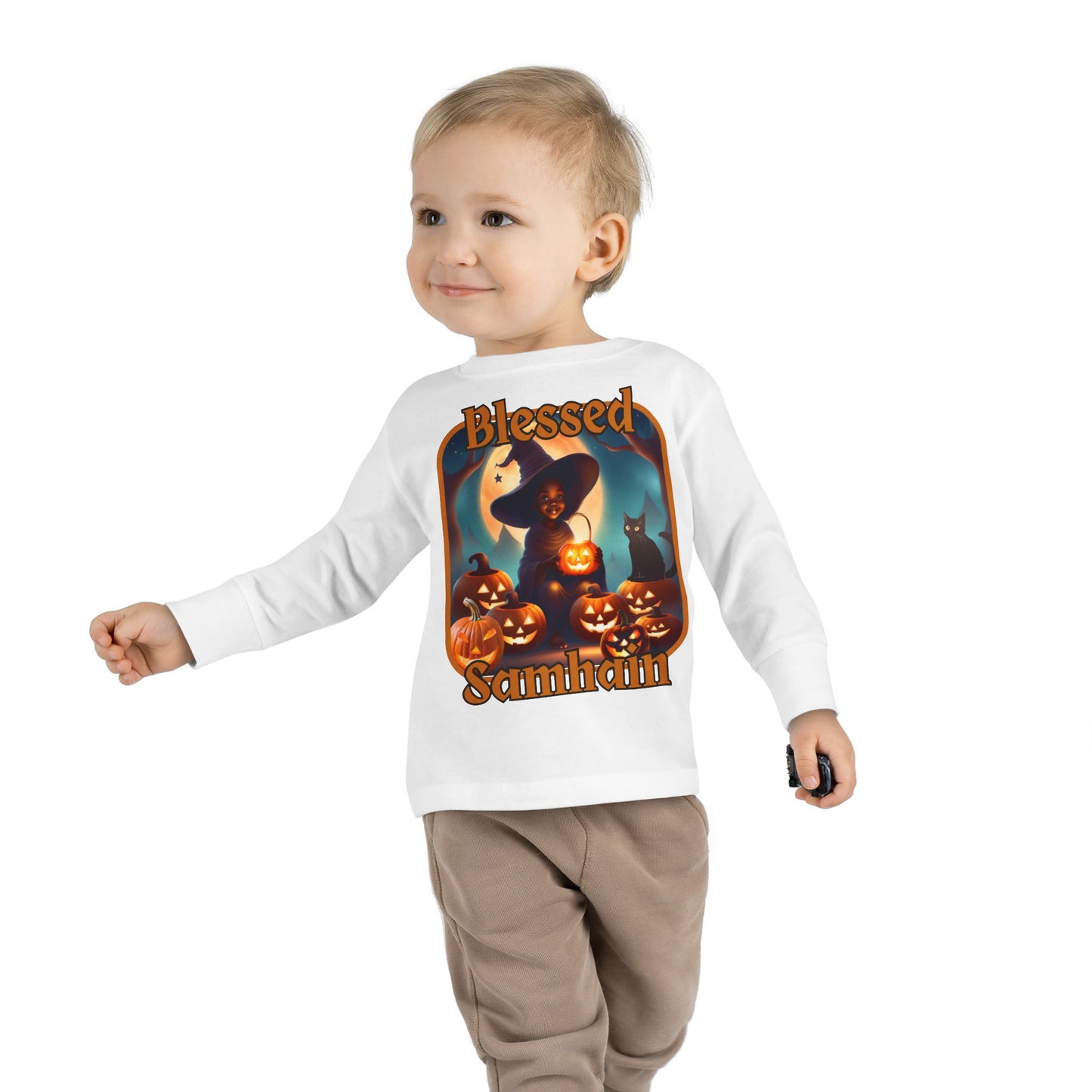 Blessed Samhain Cute Witch Orange font Toddler Long Sleeve Tee by CreepyCrafts.boo