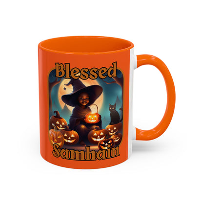 Blessed Samhain Cute Witch Orange font Orange Accent Mug by CreepyCrafts.boo