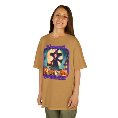 Blessed Samhain Little Witch Purple font Kids Heavy Cotton™ Tee by CreepyCrafts.boo