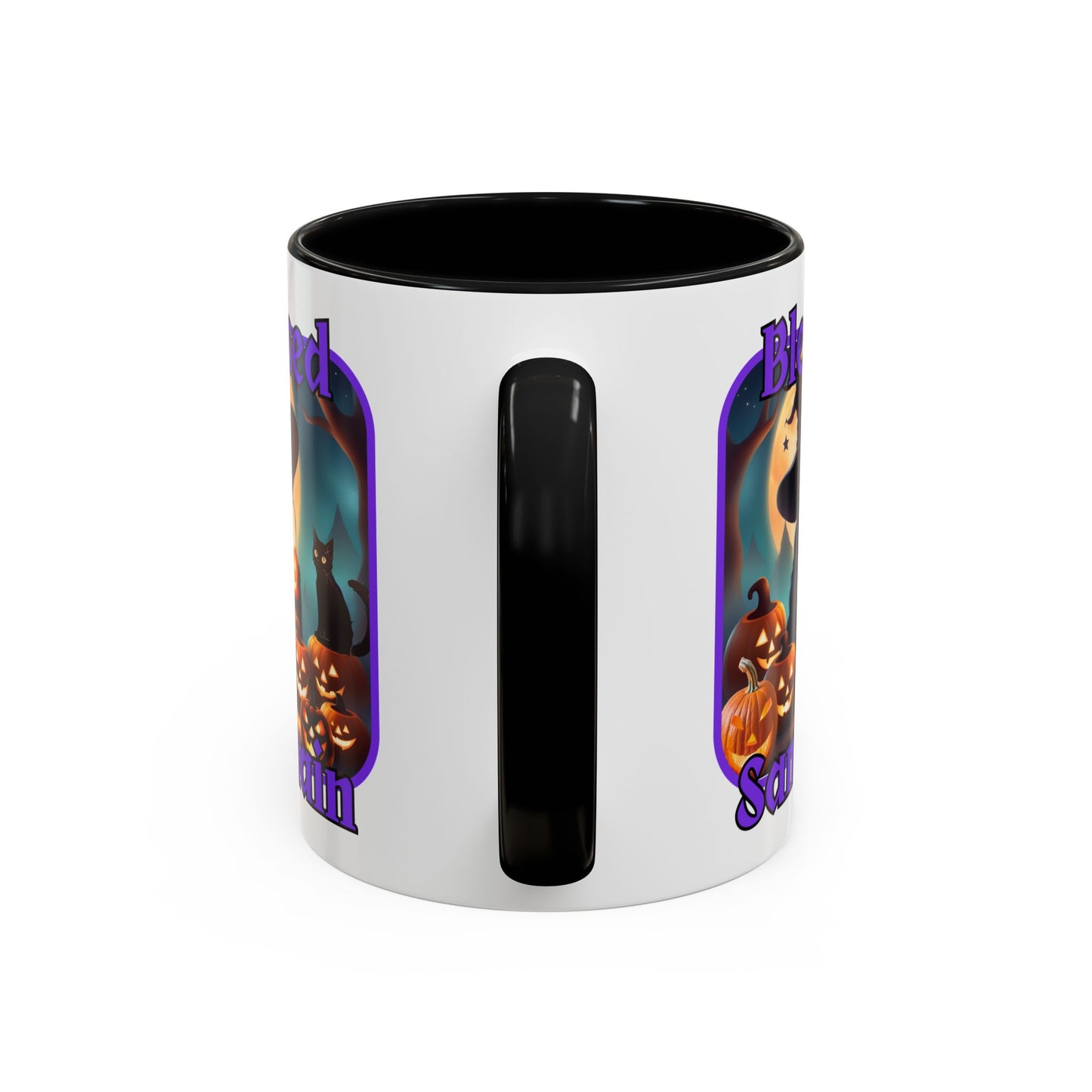 Blessed Samhain Cute Witch Purple font White Accent Mug by CreepyCrafts.boo