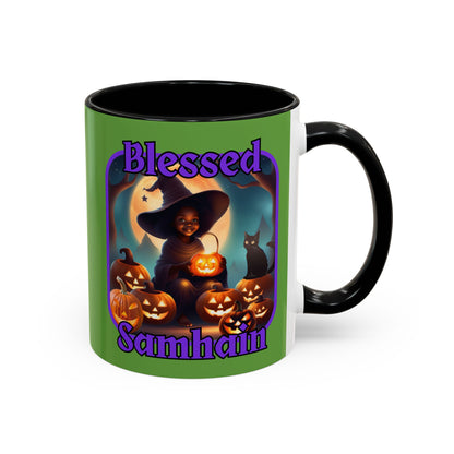 Blessed Samhain Cute Witch Purple font Green Accent Mug by CreepyCrafts.boo