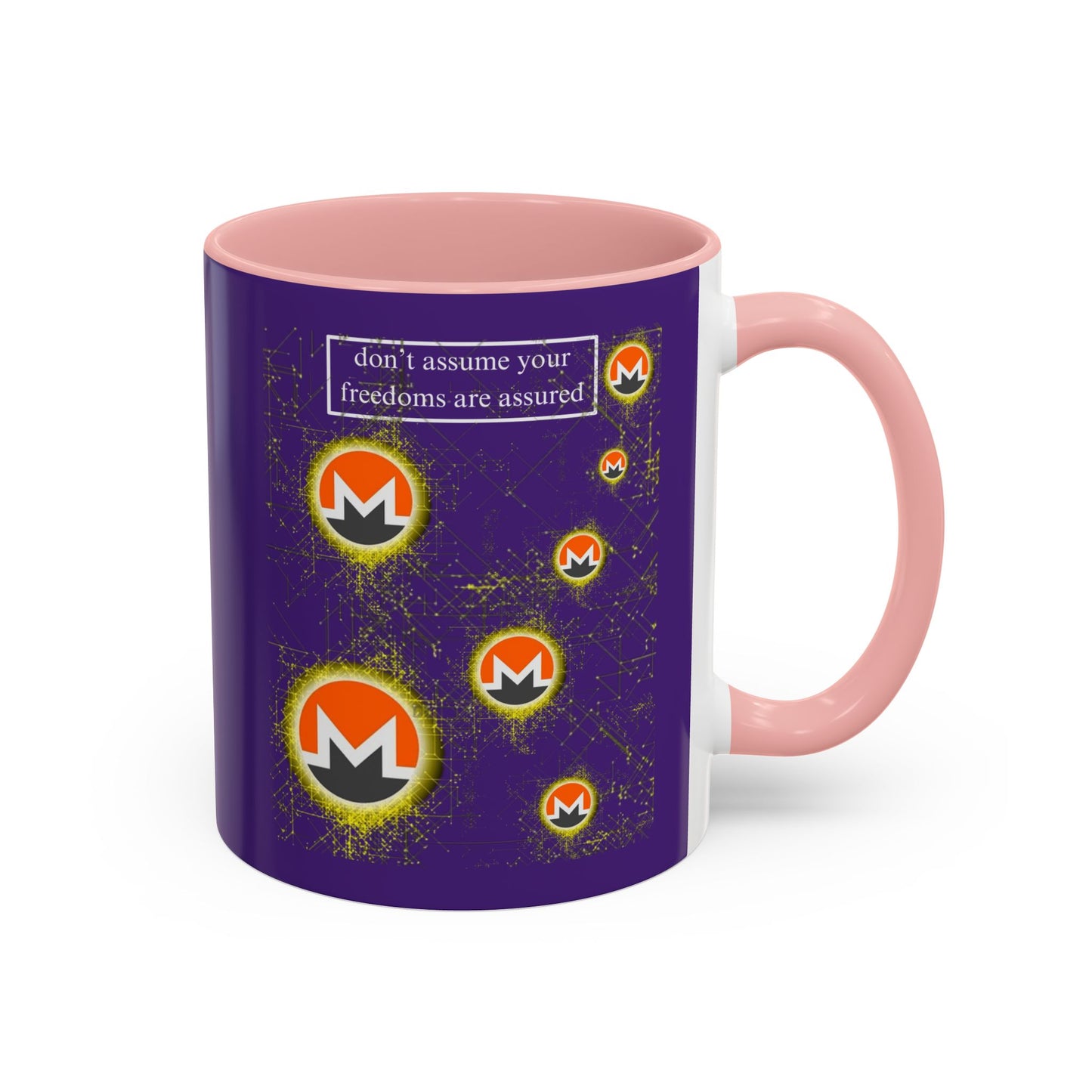 Monero (XMR) don't assume your freedoms are assured Purple Accent Mug by cypherpunkgear.com