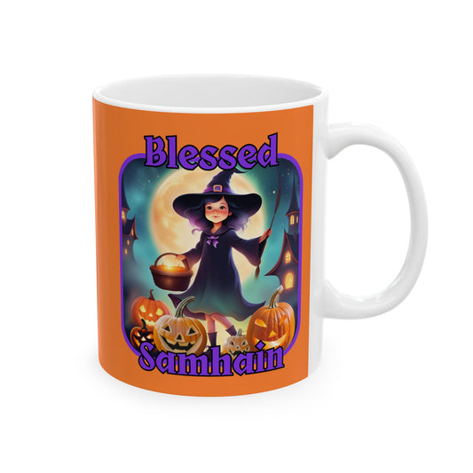 Blessed Samhain Little Witch PRfont Orange Mug by cypherpunkgear