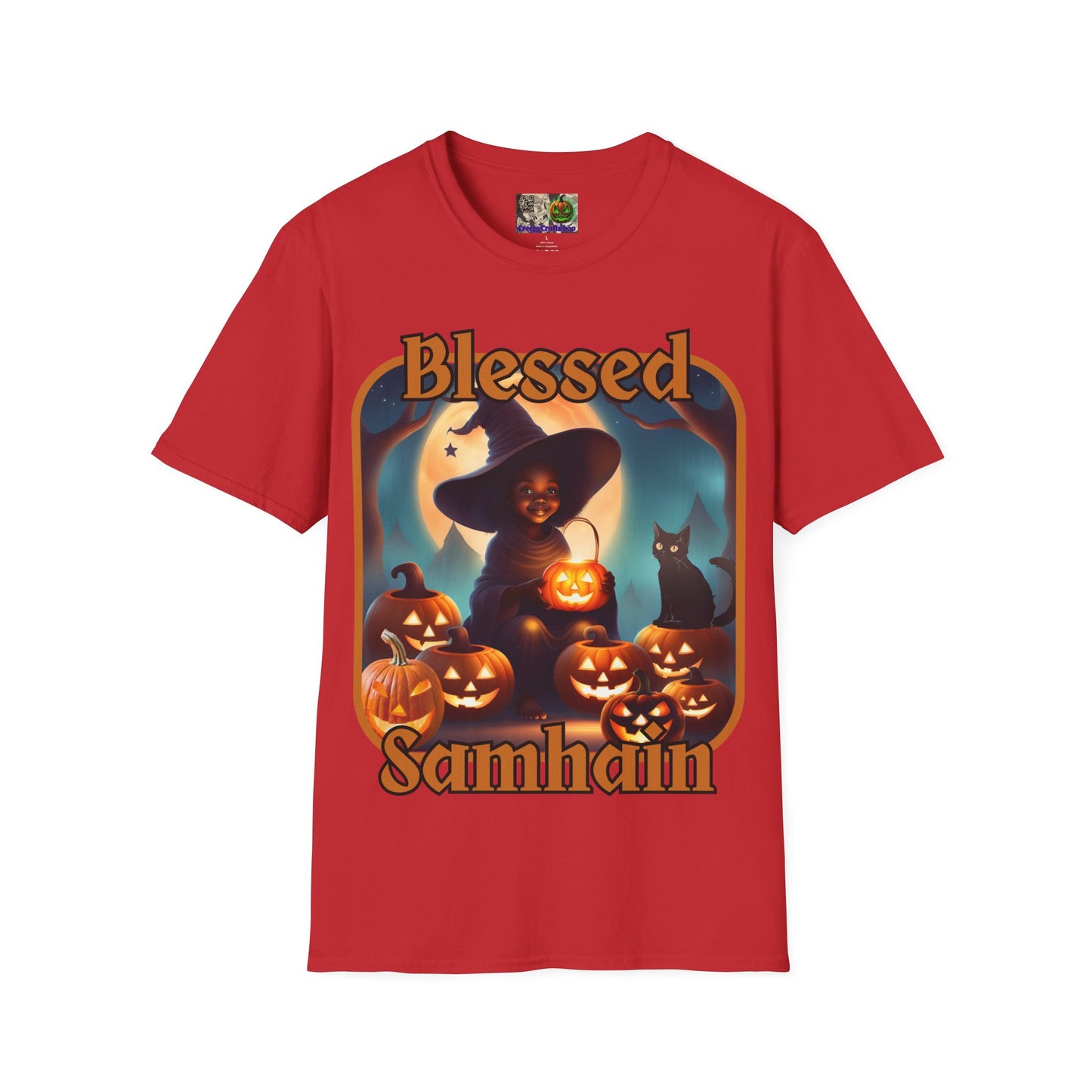 Blessed Samhain Cute Witch Orange font Light colors Unisex T-Shirt by CreepyCrafts.boo