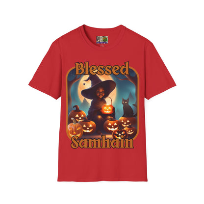 Blessed Samhain Cute Witch Orange font Light colors Unisex T-Shirt by CreepyCrafts.boo