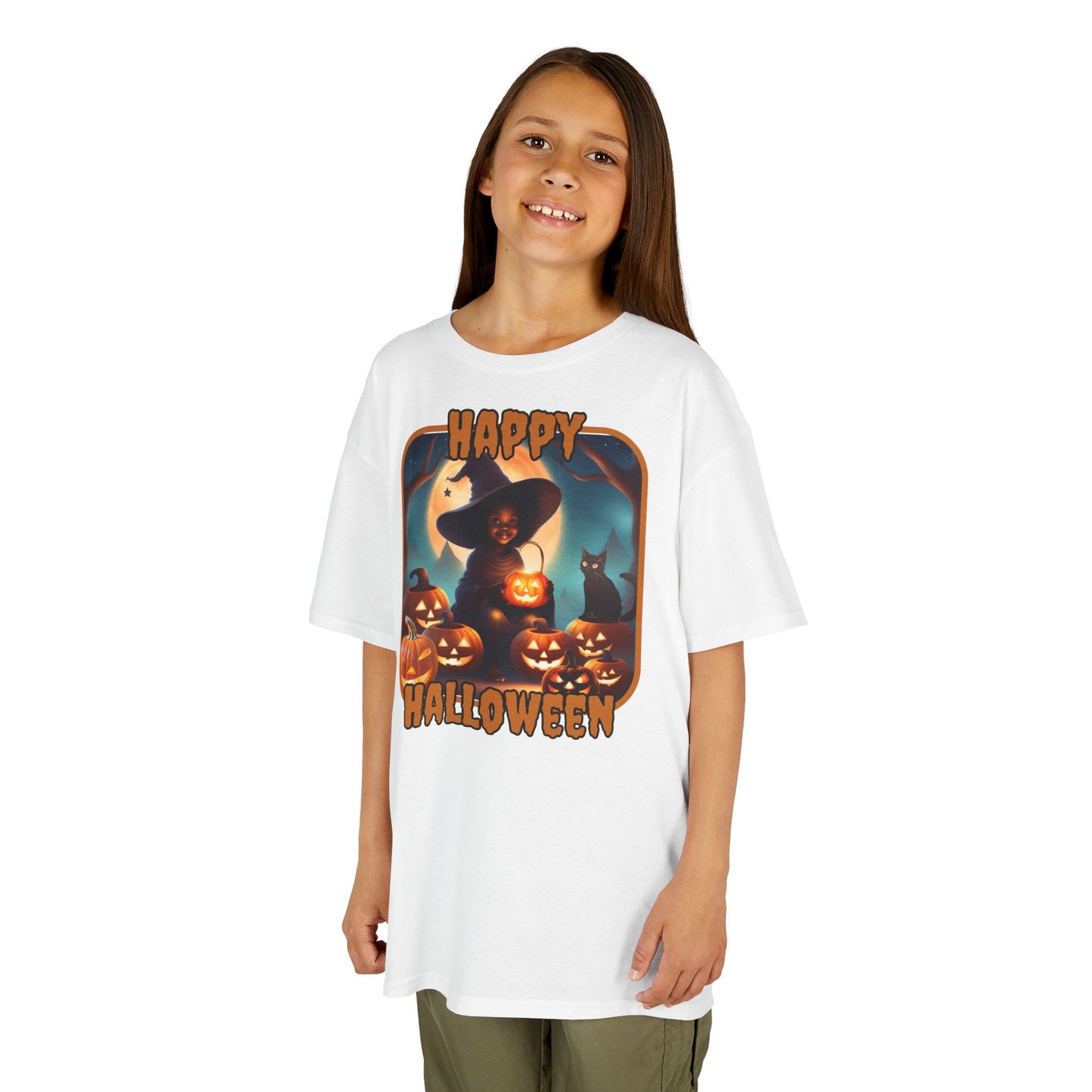 Happy Halloween Cute Witch Orange font Kids Heavy Cotton™ Tee by CreepyCrafts.boo