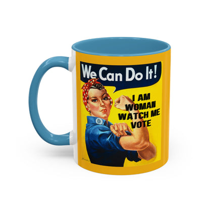 I Am Woman Watch Me Vote Rosie Yellow Accent Mug by cypherpunkgear.com