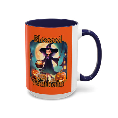 Blessed Samhain Little Witch Orange font Orange Accent Mug by CreepyCrafts.boo