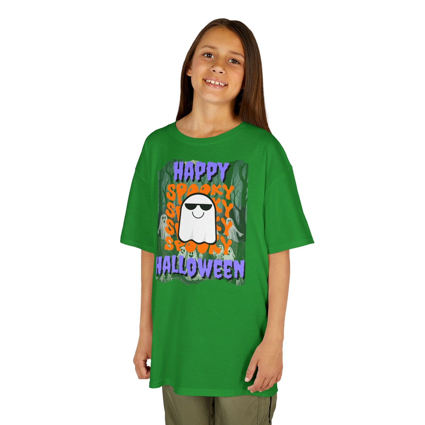 Spooky Happy Halloween Ghost Purple font Kids Heavy Cotton™ Tee by CreepyCrafts.boo