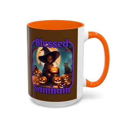 Blessed Samhain Cute Witch Purple font Brown Accent Mug by CreepyCrafts.boo