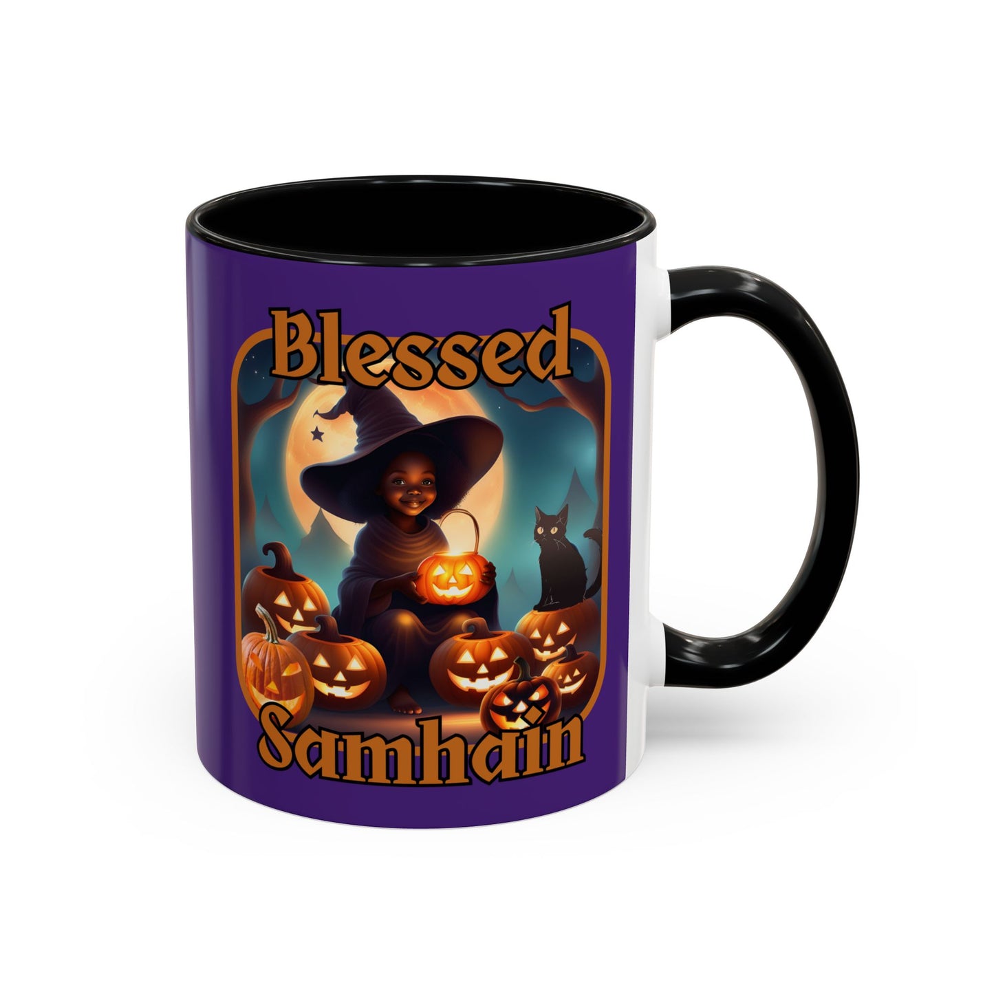 Blessed Samhain Cute Witch Orange font Purple Accent Mug by CreepyCrafts.boo