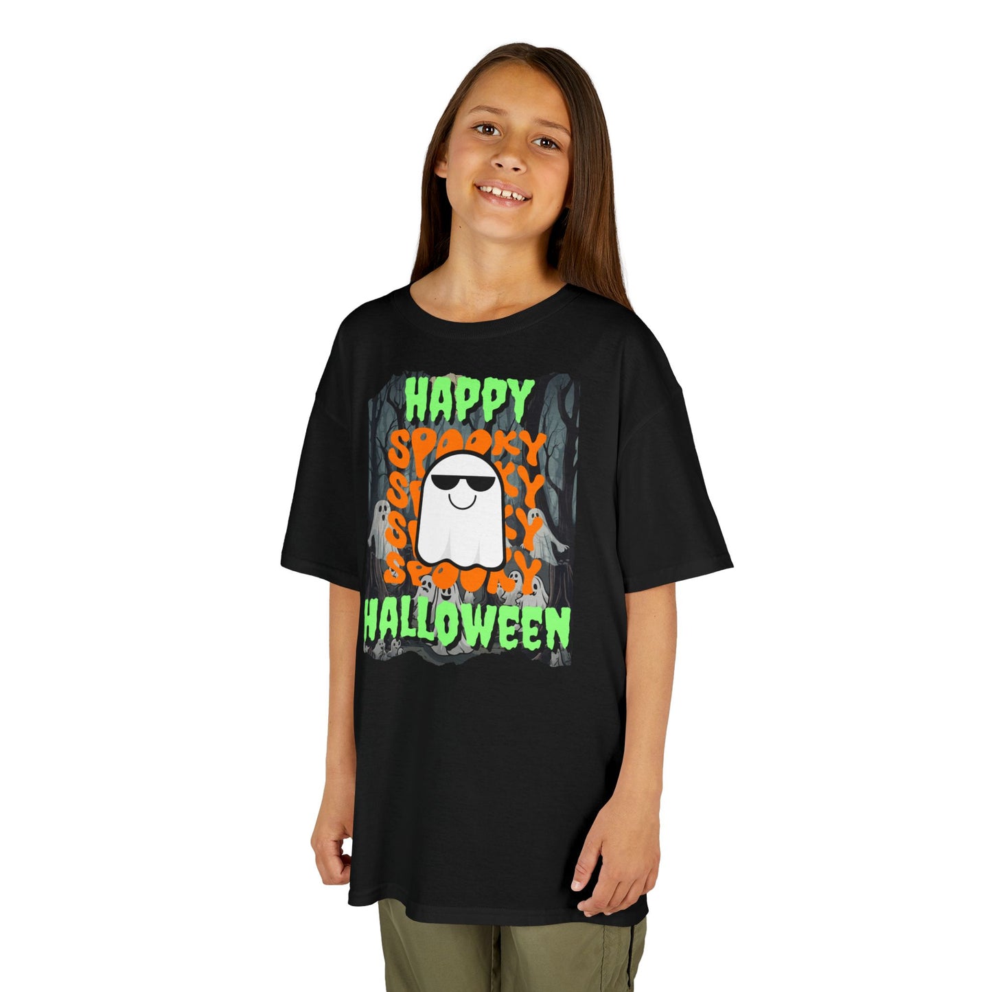 Spooky Happy Halloween Ghost Green font Kids Heavy Cotton™ Tee by CreepyCrafts.boo