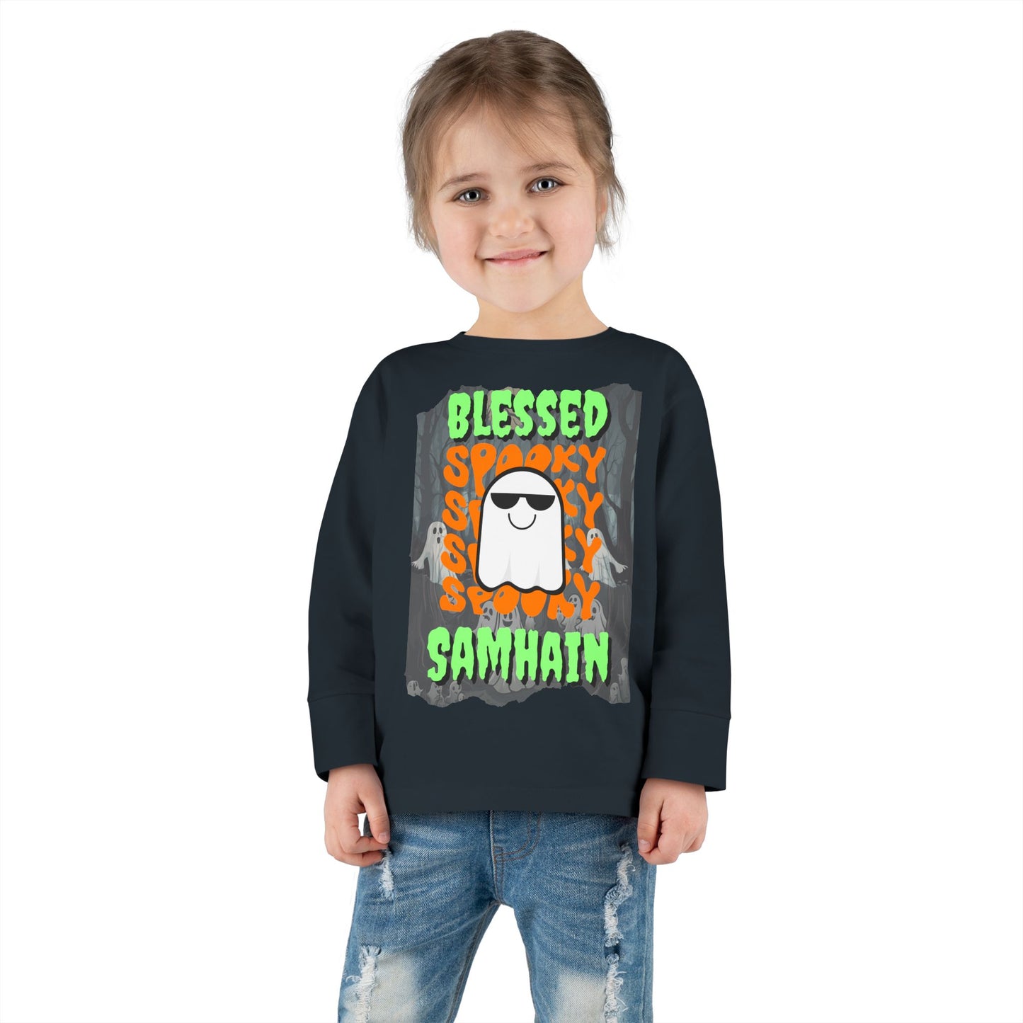 Spooky Blessed Samhain Ghost Green font Toddler Long Sleeve Tee by CreepyCrafts.boo