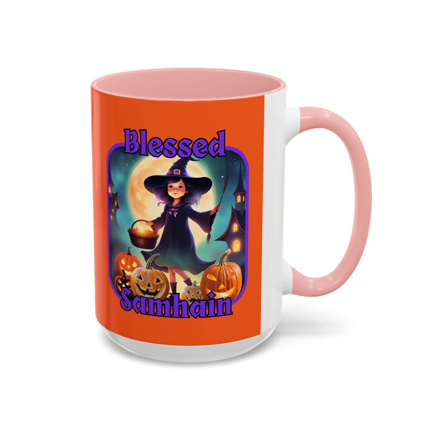 Blessed Samhain Little Witch Purple font Orange Accent Mug by CreepyCrafts.boo