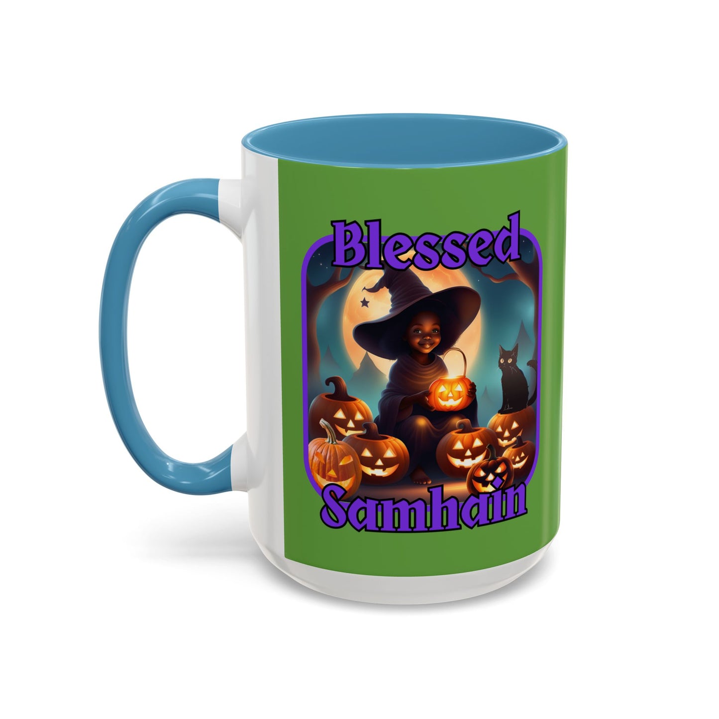 Blessed Samhain Cute Witch Purple font Green Accent Mug by CreepyCrafts.boo