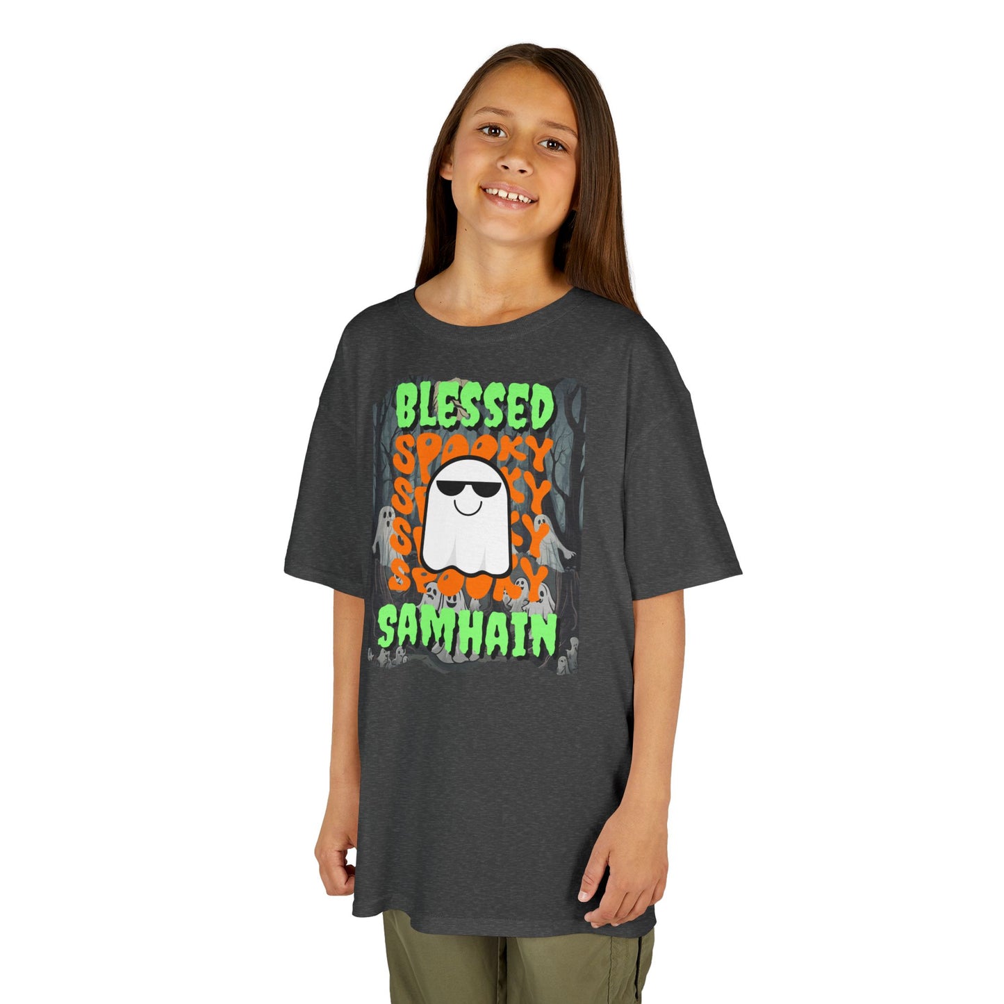 Spooky Blessed Samhain Ghost Green font Kids Heavy Cotton™ Tee by CreepyCrafts.boo