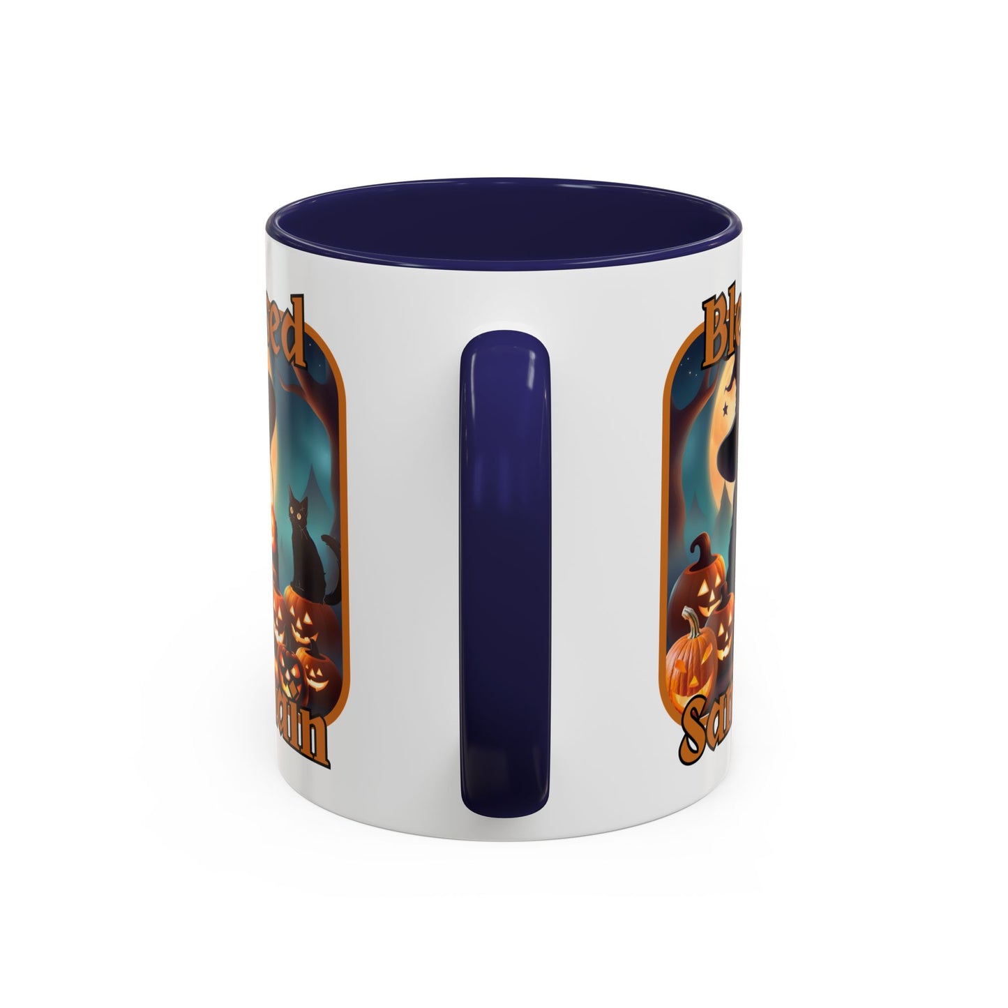 Blessed Samhain Cute Witch Orange font White Accent Mug by CreepyCrafts.boo