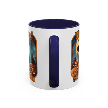 Blessed Samhain Cute Witch Orange font White Accent Mug by CreepyCrafts.boo