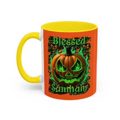 Blessed Samhain Green Jack Orange Accent Mug by CreepyCrafts.boo