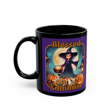 Blessed Samhain Little Witch Orange font Purple Mug by CreepyCrafts.boo