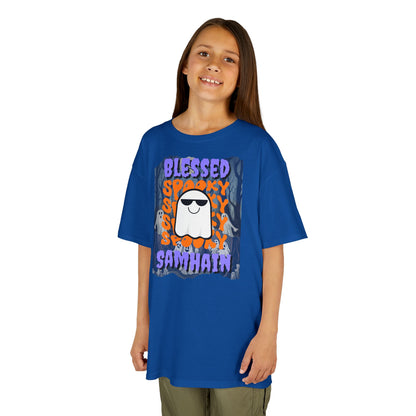 Spooky Blessed Samhain Ghost Purple font Kids Heavy Cotton™ Tee by CreepyCrafts.boo