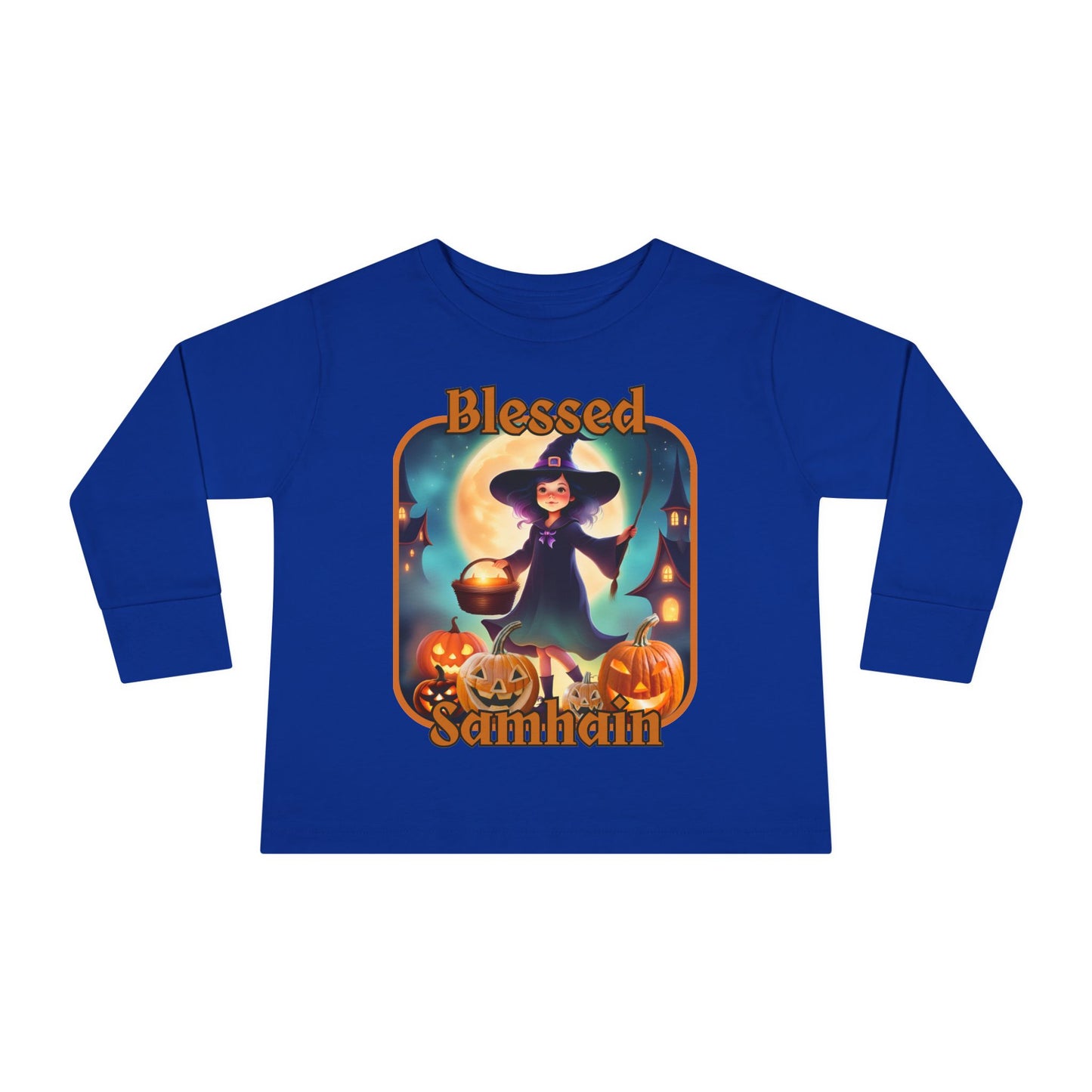 Blessed Samhain Little Witch Orange font Toddler Long Sleeve Tee by CreepyCrafts.boo