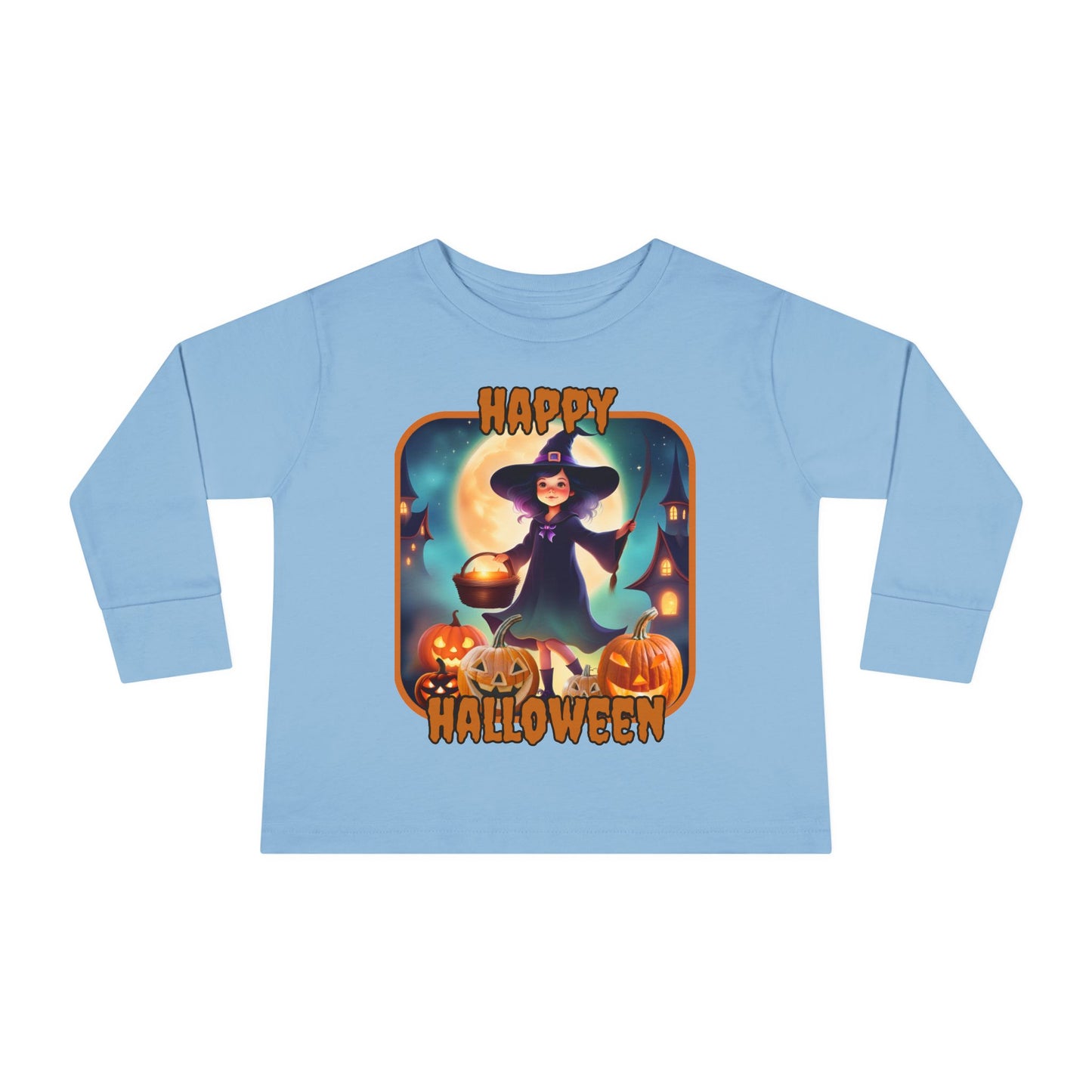 Happy Halloween Little Witch Orange font Toddler Long Sleeve Tee by CreepyCrafts.boo