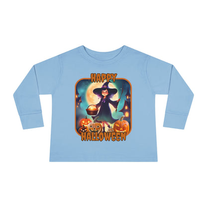 Happy Halloween Little Witch Orange font Toddler Long Sleeve Tee by CreepyCrafts.boo