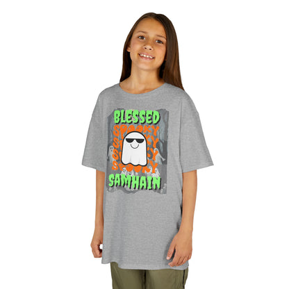 Spooky Blessed Samhain Ghost Green font Kids Heavy Cotton™ Tee by CreepyCrafts.boo