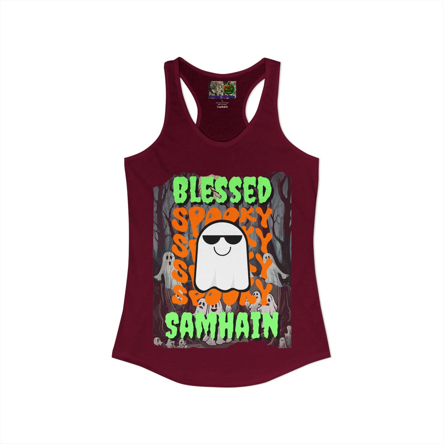 Spooky Blessed Samhain Ghost Green font Women's Racerback Tank Top by CreepyCrafts.boo