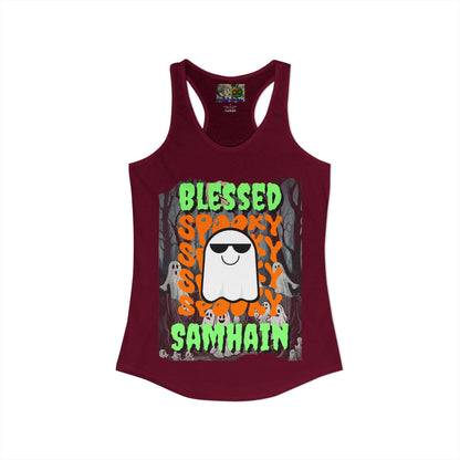 Spooky Blessed Samhain Ghost Green font Women's Racerback Tank Top by CreepyCrafts.boo