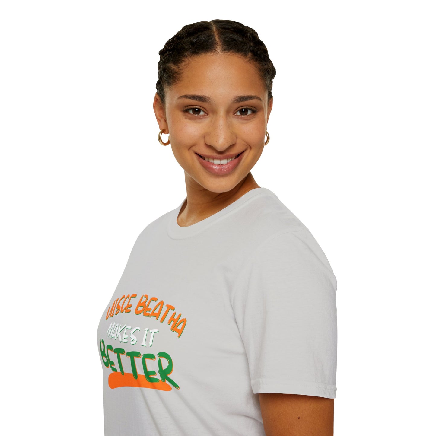 Uisce Beatha makes it better Orange, White, and Green font Light colors Unisex T-Shirt by cypherpunkgear.com