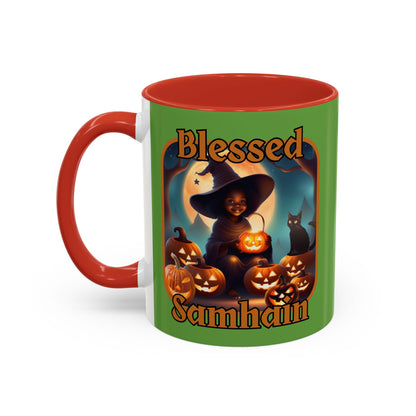 Blessed Samhain Cute Witch Orange font Green Accent Mug by CreepyCrafts.boo