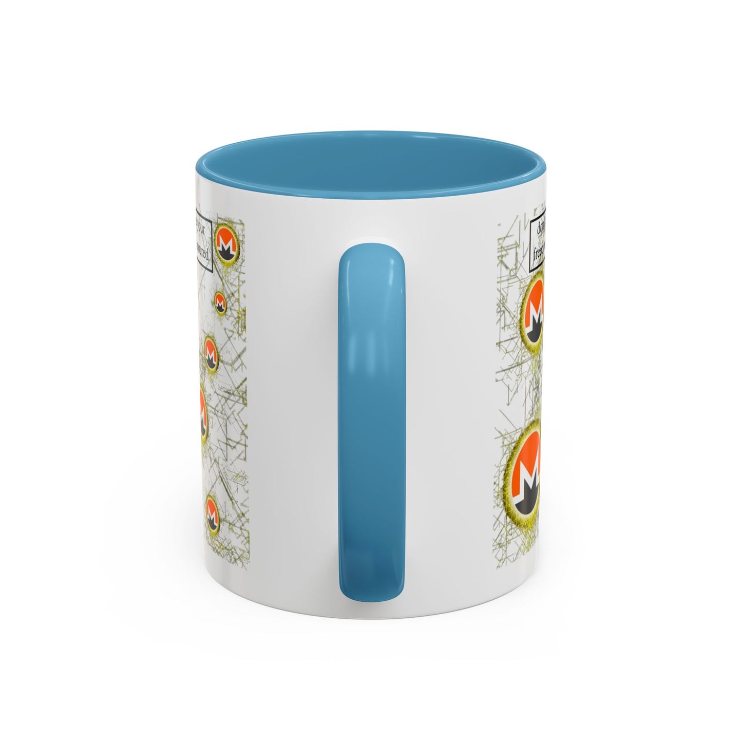 Monero (XMR) don't assume your freedoms are assured White Accent Mug by cypherpunkgear.com