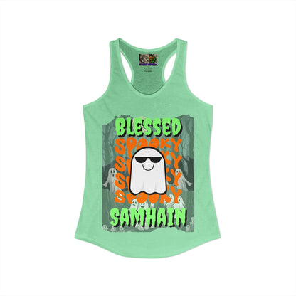 Spooky Blessed Samhain Ghost Green font Women's Racerback Tank Top by CreepyCrafts.boo