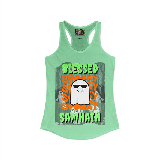 Spooky Blessed Samhain Ghost Green font Women's Racerback Tank Top by CreepyCrafts.boo