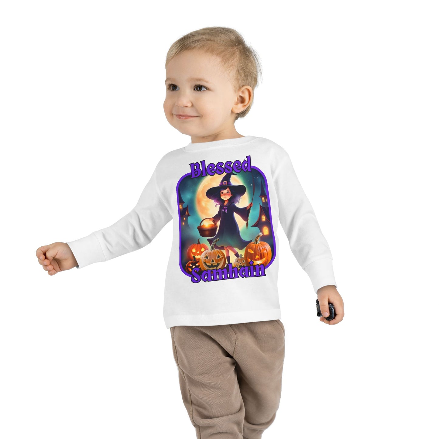 Blessed Samhain Little Witch Purple font Toddler Long Sleeve Tee by CreepyCrafts.boo