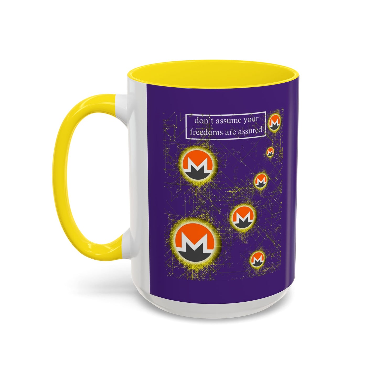 Monero (XMR) don't assume your freedoms are assured Purple Accent Mug by cypherpunkgear.com