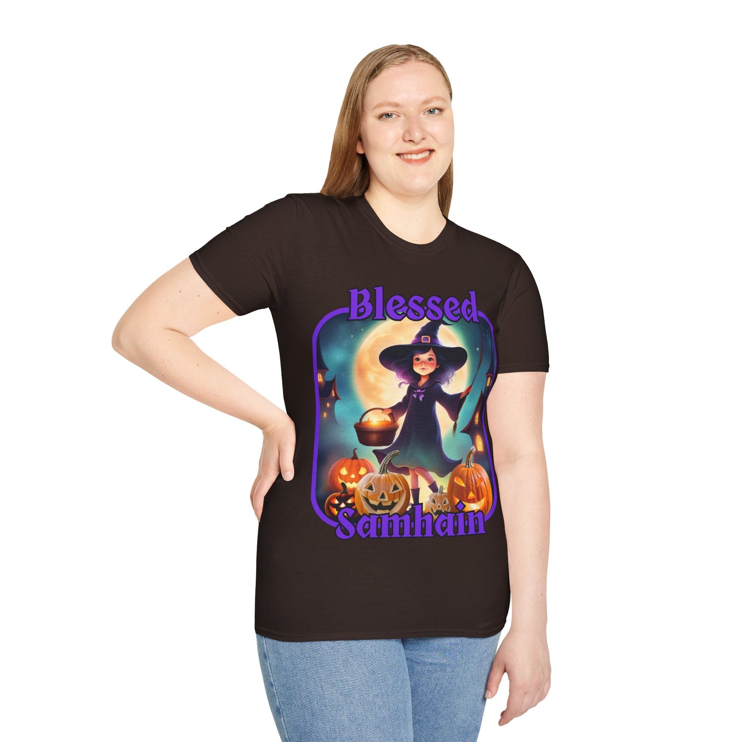 Blessed Samhain Little Witch Purple font Dark colors Unisex T-Shirt by CreepyCrafts.boo