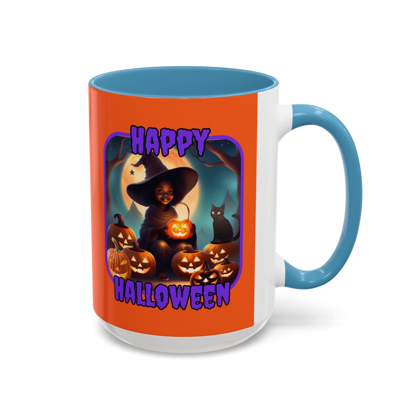 Happy Halloween Cute Witch Purple font Orange Accent Mug by CreepyCrafts.boo