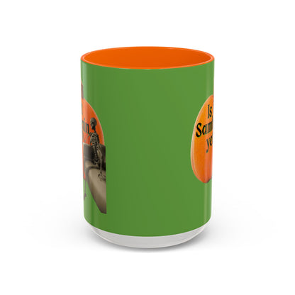 Is It Samhain Yet? Skeleton's Giant Pumpkin Green Accent Mug by CreepyCrafts.boo