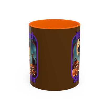 Blessed Samhain Cute Witch Purple font Brown Accent Mug by CreepyCrafts.boo