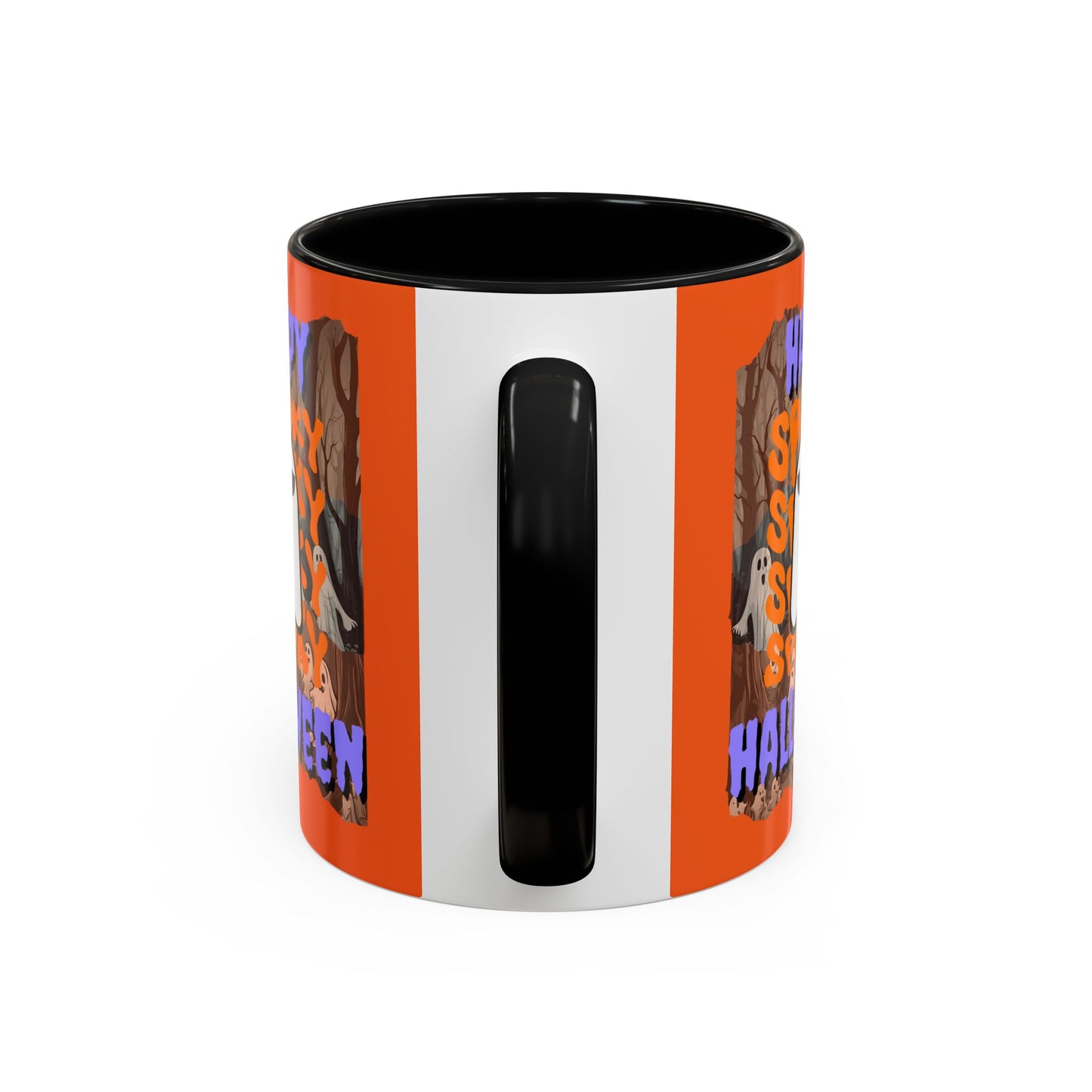 Spooky Happy Halloween Ghost Purple font Orange Accent Mug by CreepyCrafts.boo