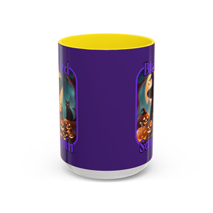 Blessed Samhain Cute Witch Purple font Purple Accent Mug by CreepyCrafts.boo