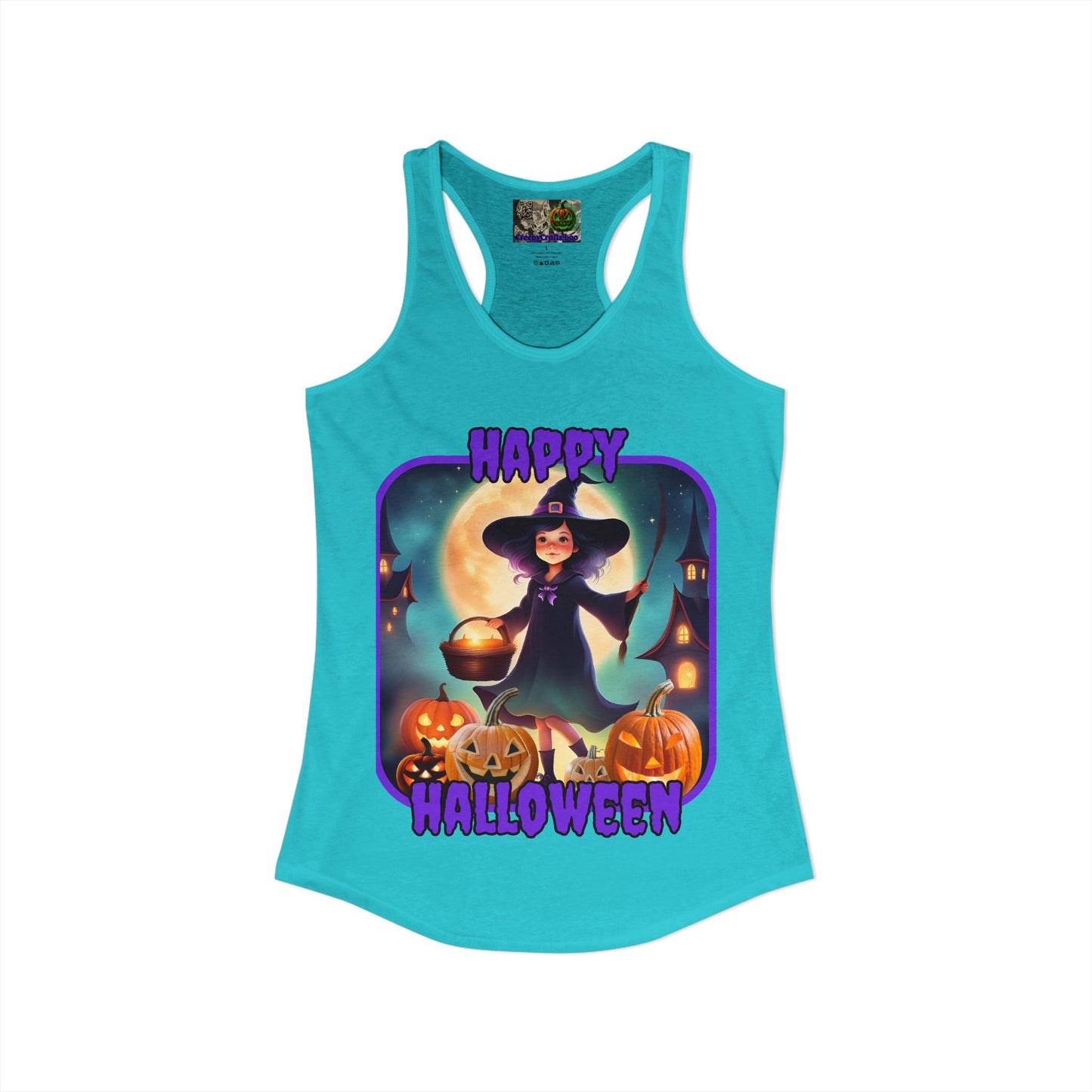Happy Halloween Little Witch Purple font Women's Racerback Tank Top by CreepyCrafts.boo