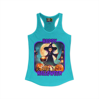 Happy Halloween Little Witch Purple font Women's Racerback Tank Top by CreepyCrafts.boo