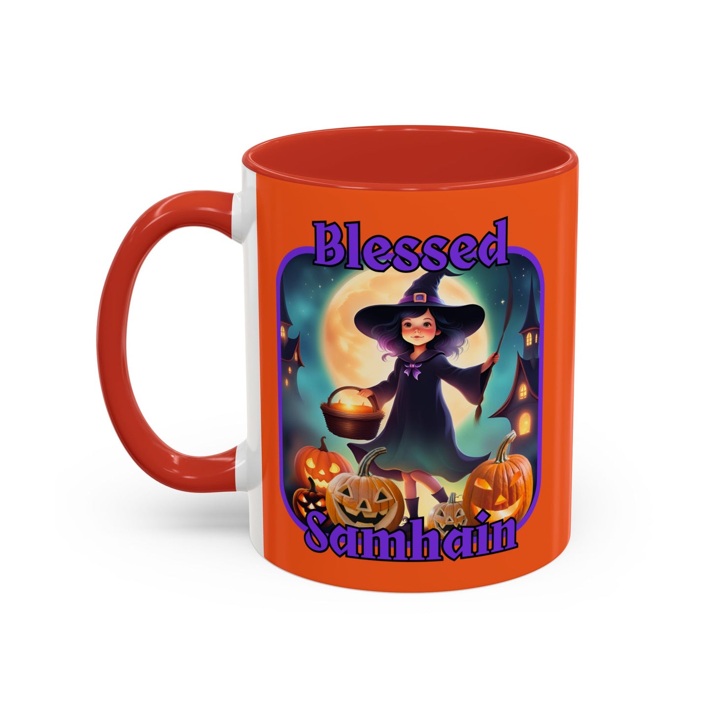 Blessed Samhain Little Witch Purple font Orange Accent Mug by CreepyCrafts.boo