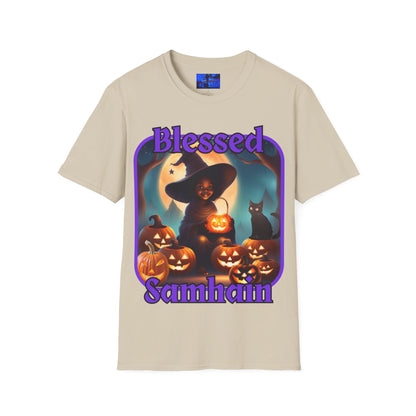 Blessed Samhain Cute Witch PRfont LTcolors Unisex T-Shirt by cypherpunkgear